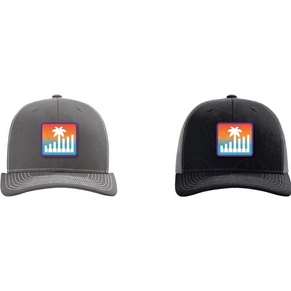 Piano keys, palm tree, and sunset patch hats. - Picture 1 of 3